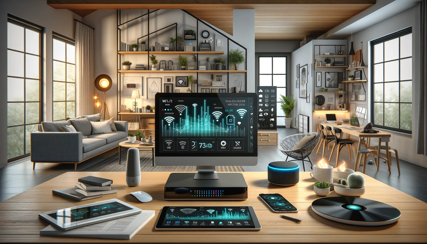 an optimized Wi-Fi setup with a state-of-the-art router on a central desk, surrounded by smart home devices